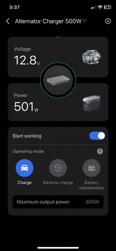 Screenshot of 500W alternator charger with XT60 cable in charge mode in EcoFlow app