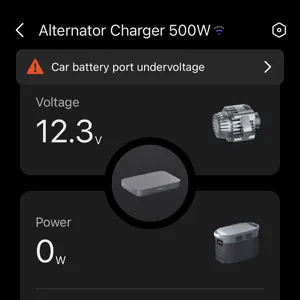 Screenshot of car battery port undervoltage error in EcoFlow app