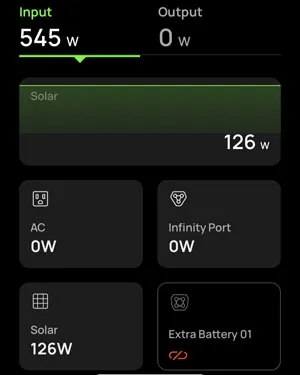 Screenshot showing solar and alternator charger input in EcoFlow app